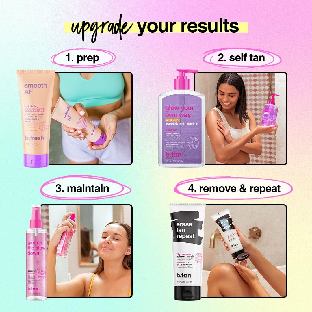 B.TAN Facial mist being sprayed for a light daily tan boost.