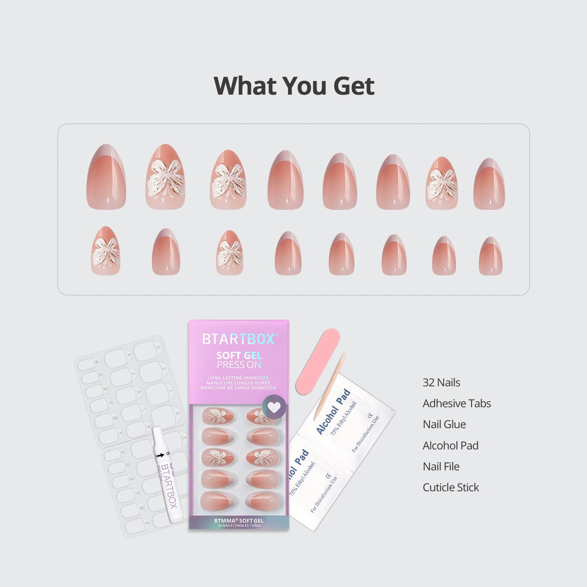 BTArtbox 32-nail kit includes glue, tabs, file, and guide for easy setup