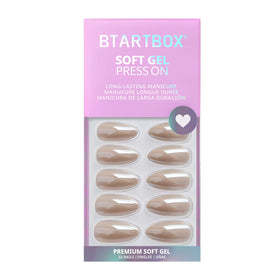 BTArtbox Almond nails with chrome soft gel finish showcased with kit contents