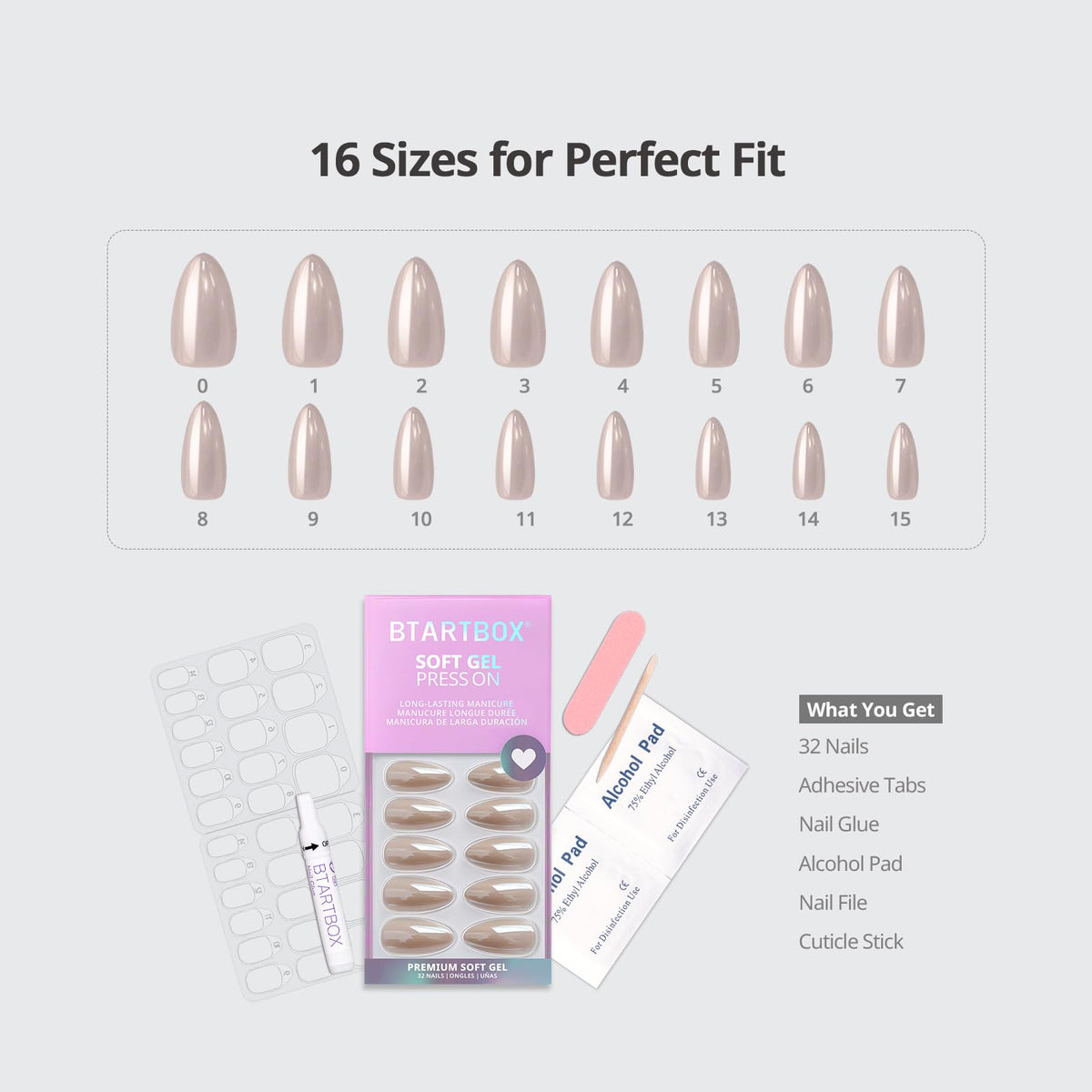 BTArtbox Almond nails displayed with 16 sizes for a custom fit