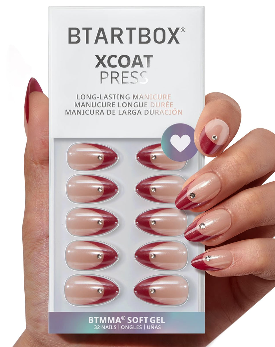 BTArtbox Audreys Ruby red chrome almond nails close-up with glossy finish