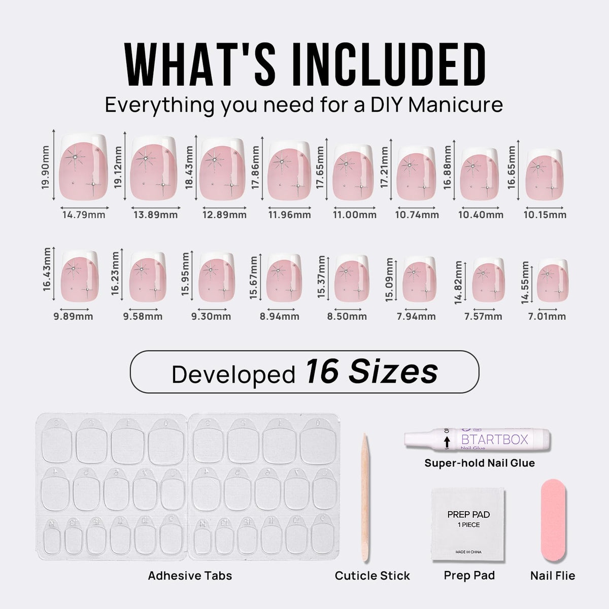 BTArtbox kit includes glue, tabs, file, and sticks for mess-free setup