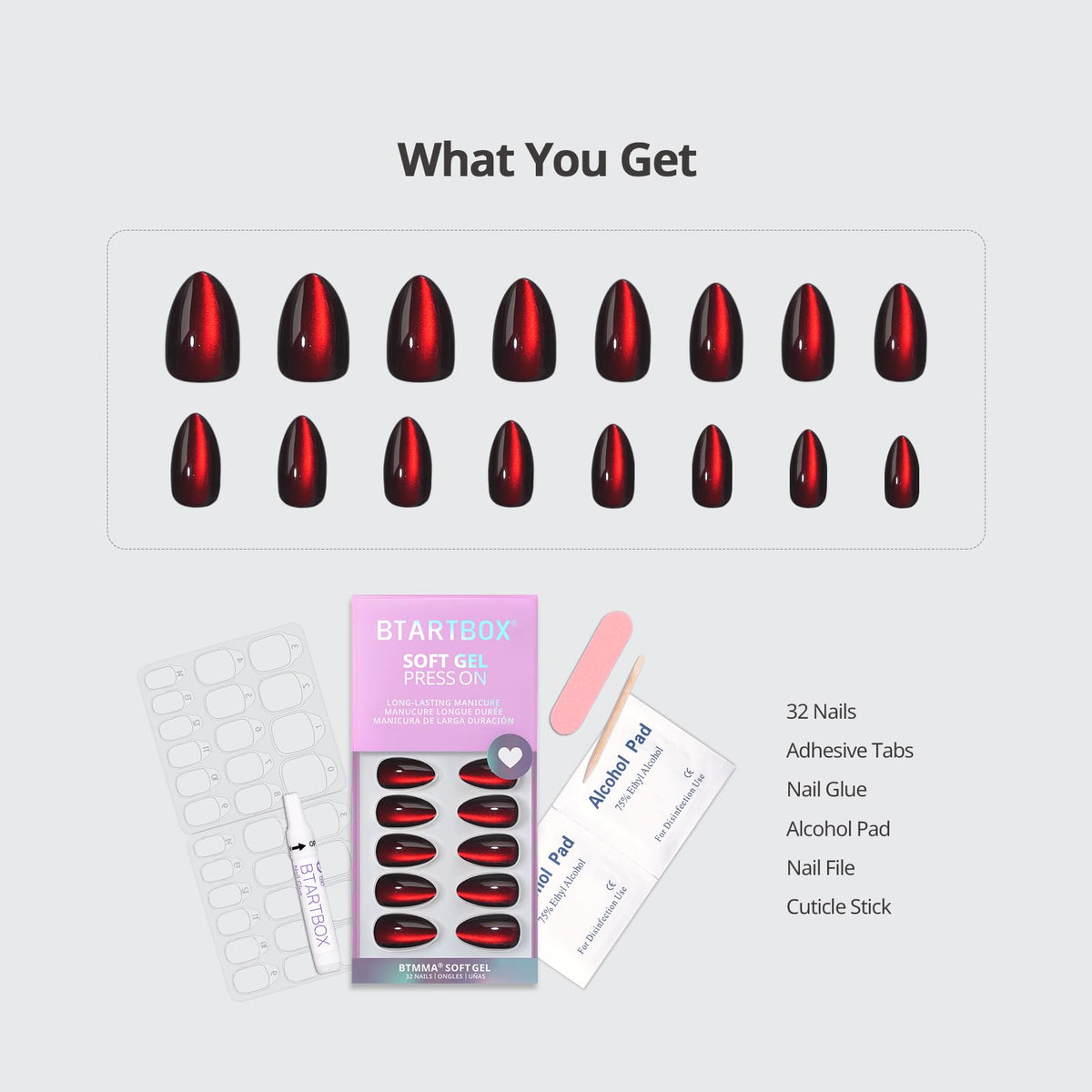 BTArtbox deep red cat-eye almond nails applied on natural nails