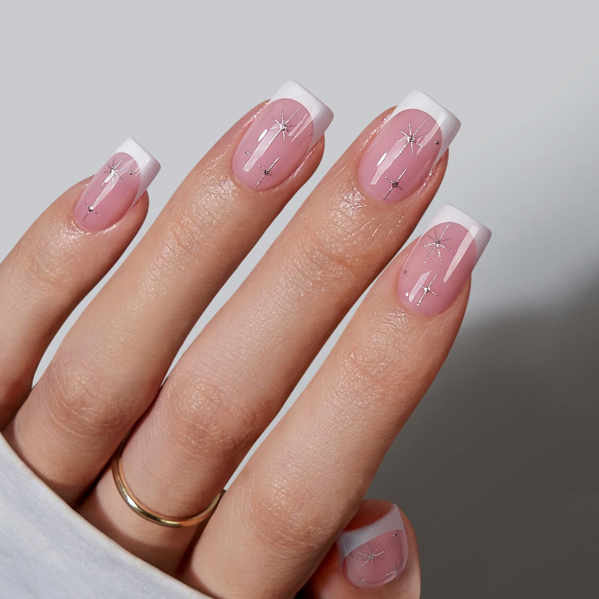 BTArtbox French Tip Press On Nails with pink stars for chic daily wear