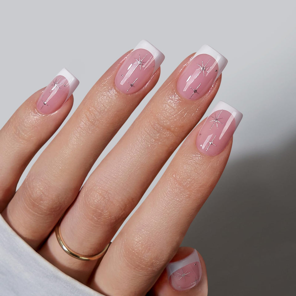 BTArtbox French Tip Press On Nails with pink stars for chic daily wear