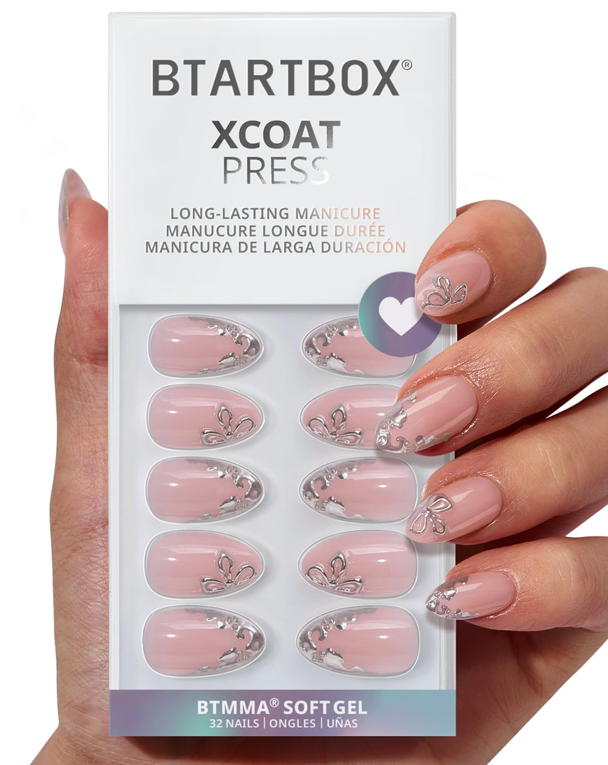 BTArtbox Frost Glam 3D silver flower almond nails for at-home salon finish