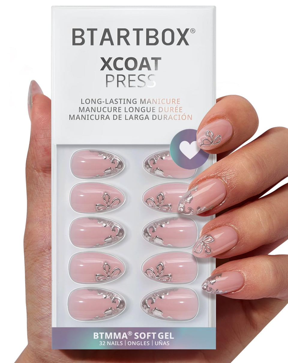 BTArtbox Frost Glam 3D silver flower almond nails for at-home salon finish