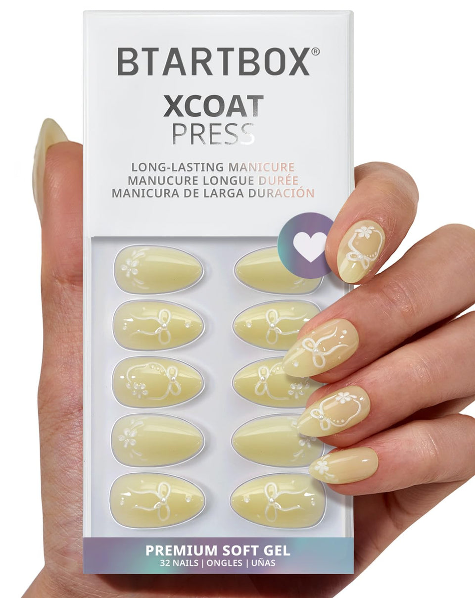 BTArtbox Garden Trellis nails in yellow almond with bow for long wear.