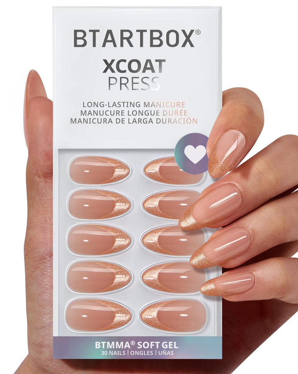 BTArtbox Golden Age almond nails lamp-curable close-up for natural-looking wear.