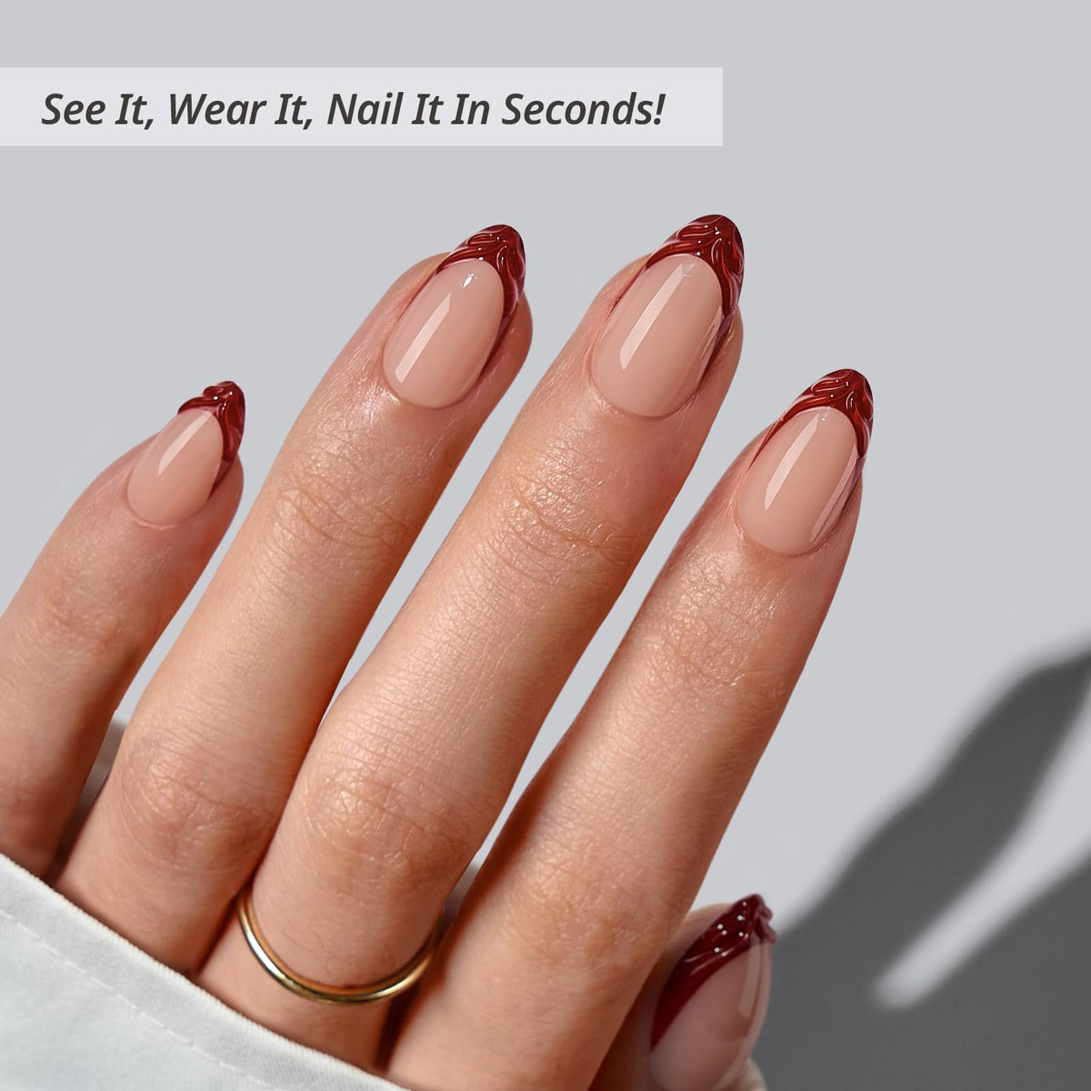BTArtbox lamp-curable 3D French Tip almond nails under UV/LED light for durable finish