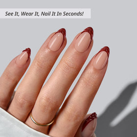 BTArtbox lamp-curable 3D French Tip almond nails under UV/LED light for durable finish