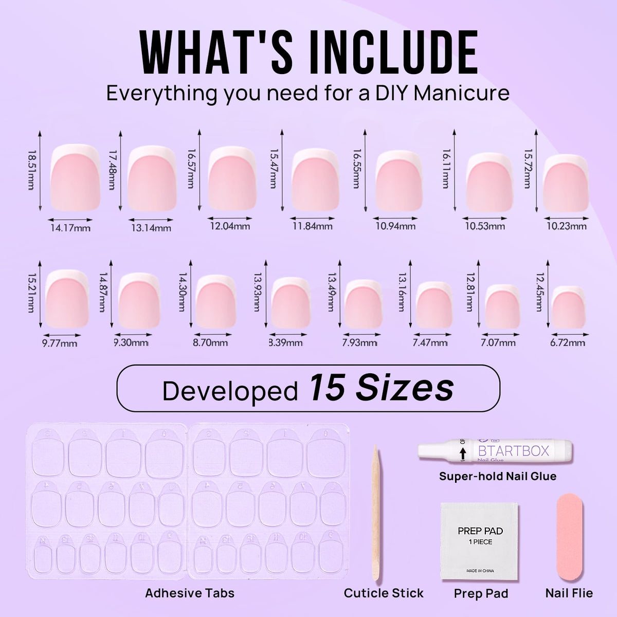 BTArtbox nail glue and adhesive tabs included for secure wear