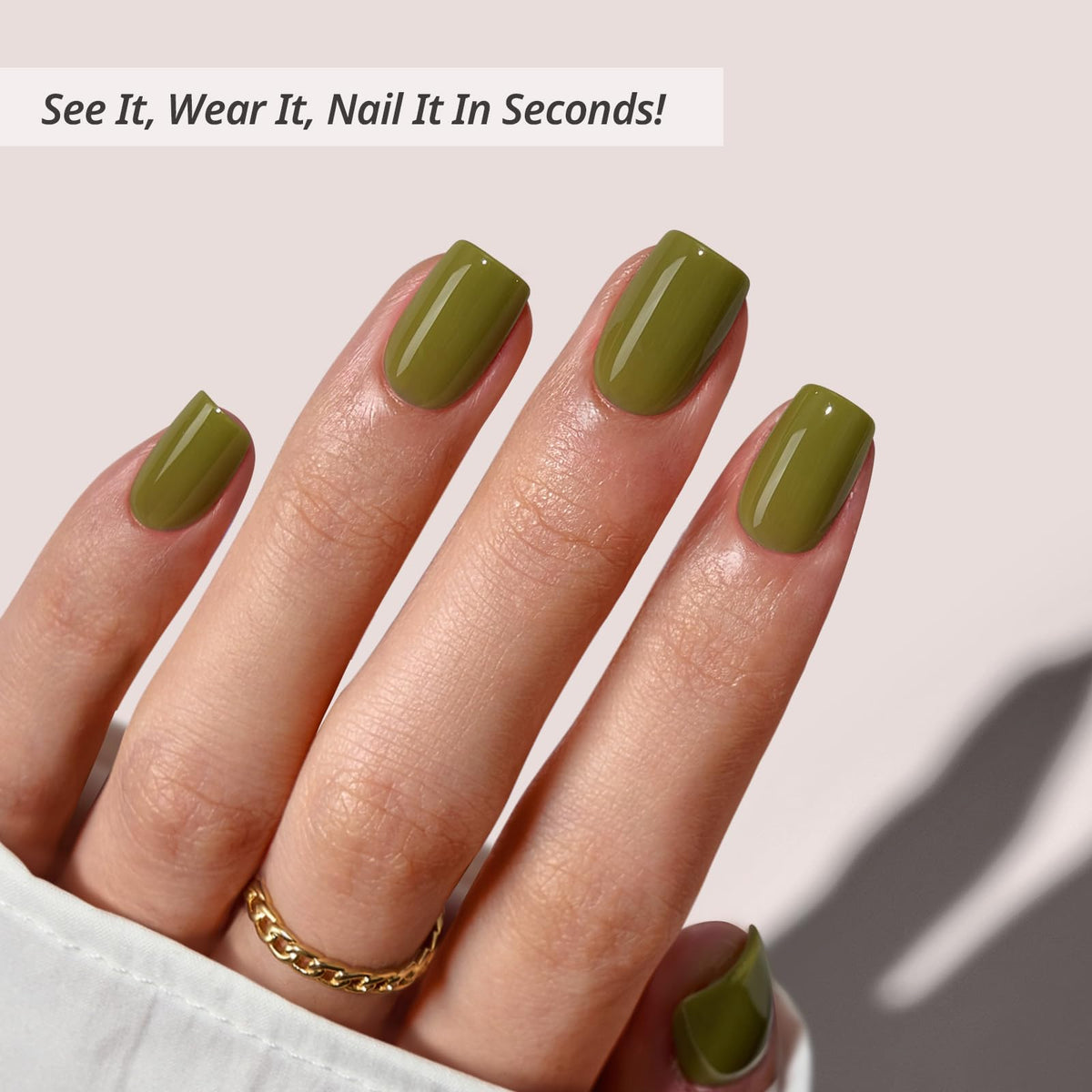 Close-up of opaque olive green gel finish on BTArtbox nails