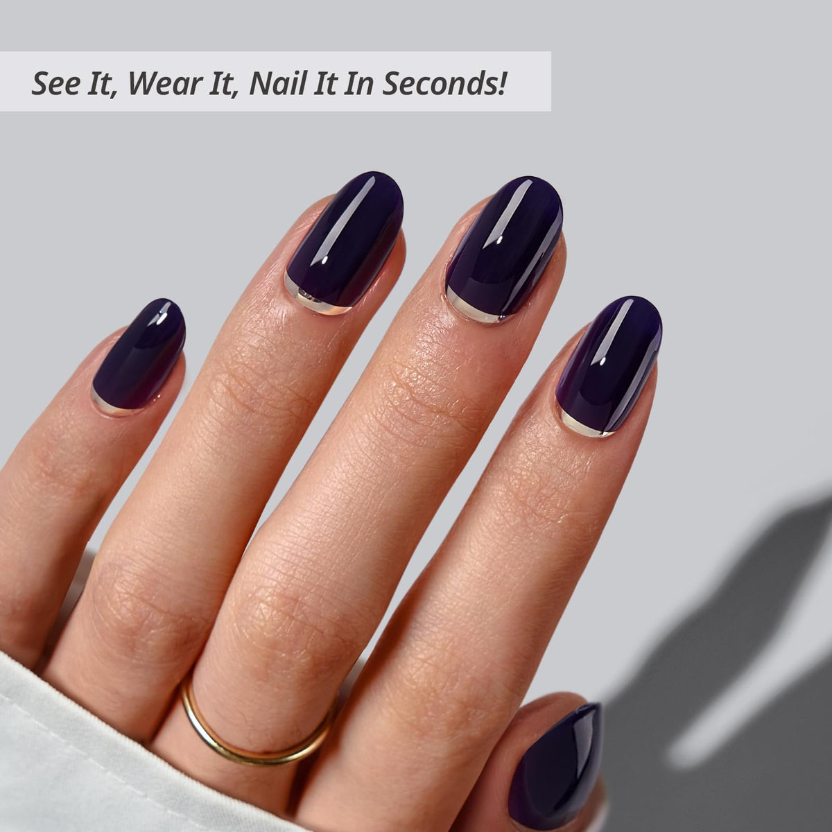 BTArtbox oval nails with dark blue silver foil for bold evening style.