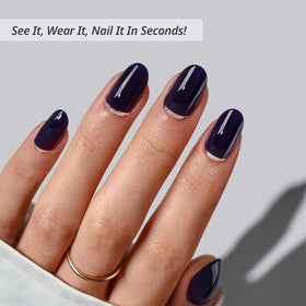 BTArtbox oval nails with dark blue silver foil for bold evening style.