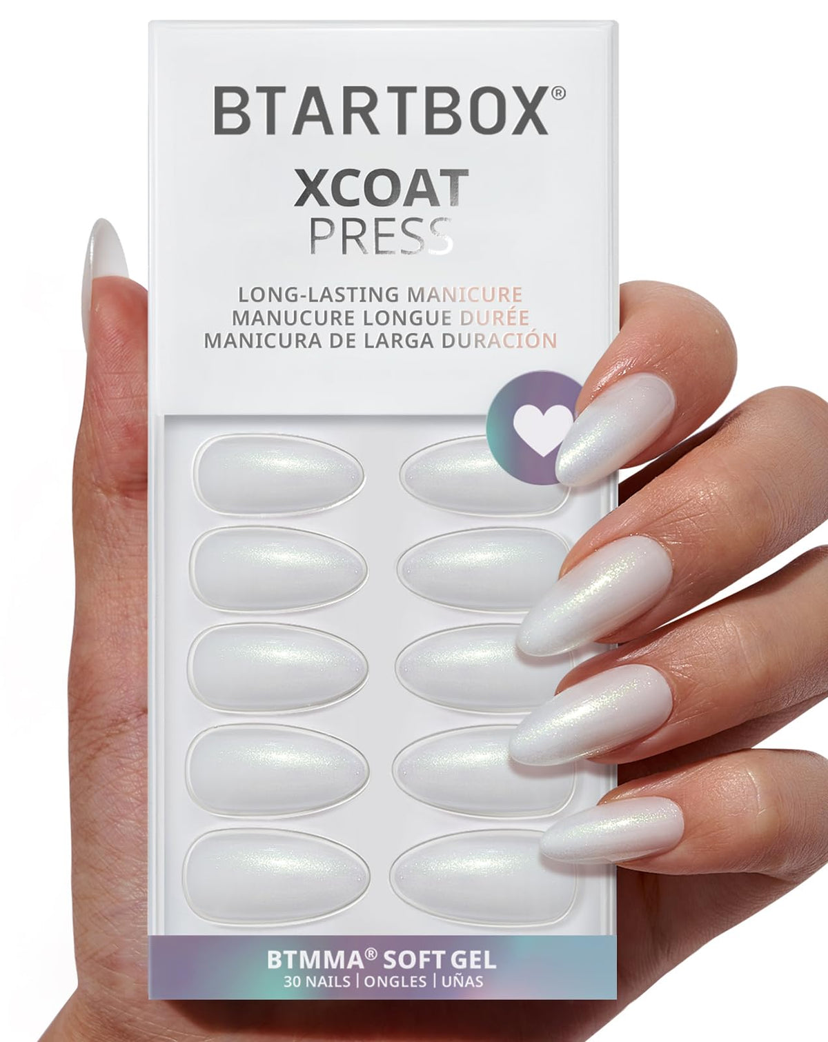 BTArtbox almond glitter white press-on nails close-up for salon-style finish