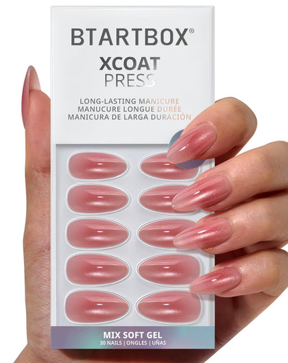 BTArtbox almond pink hypnotic press-on nails with cat-eye shimmer for daily wear