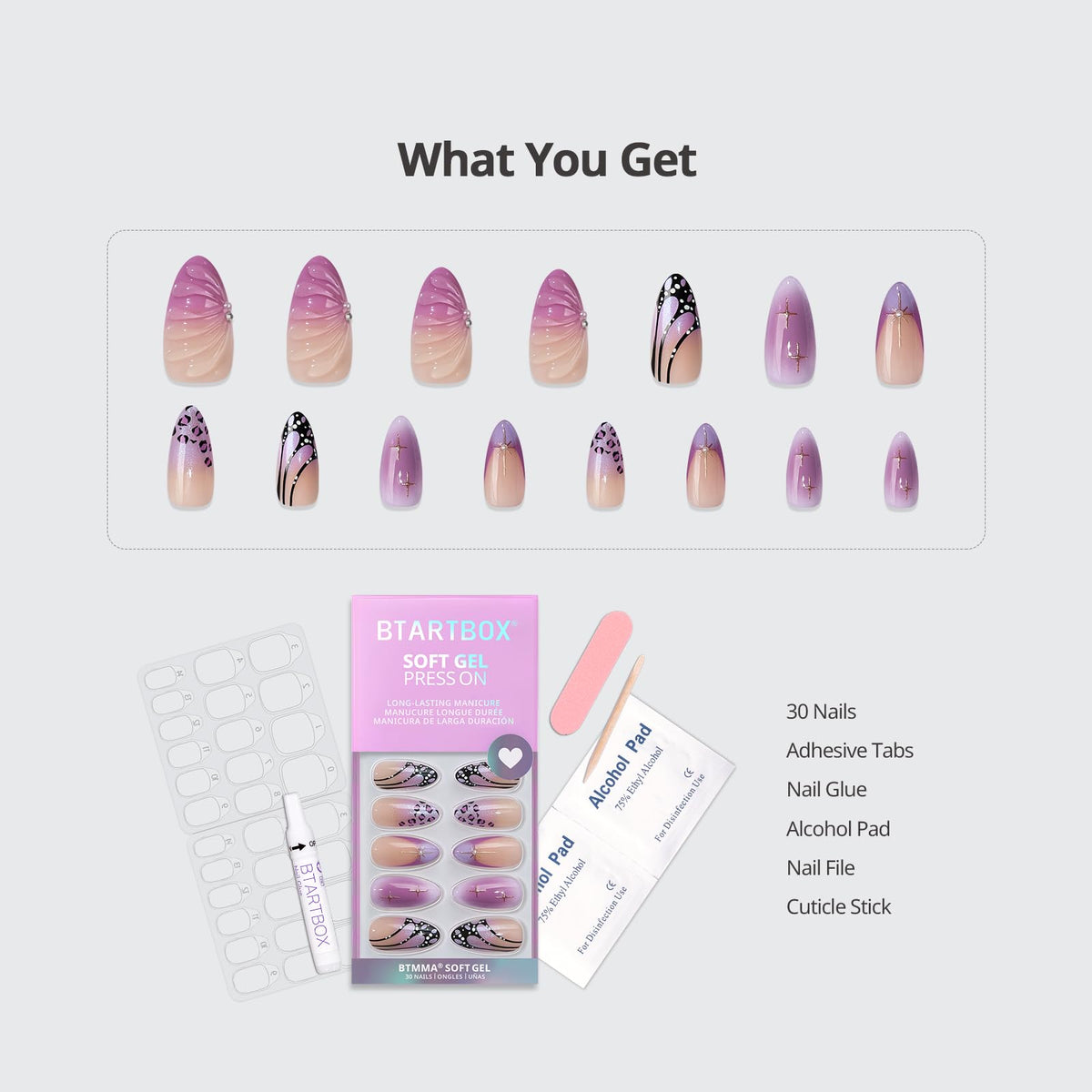 BTArtbox almond-shaped nails with opaque purple base for a graceful look