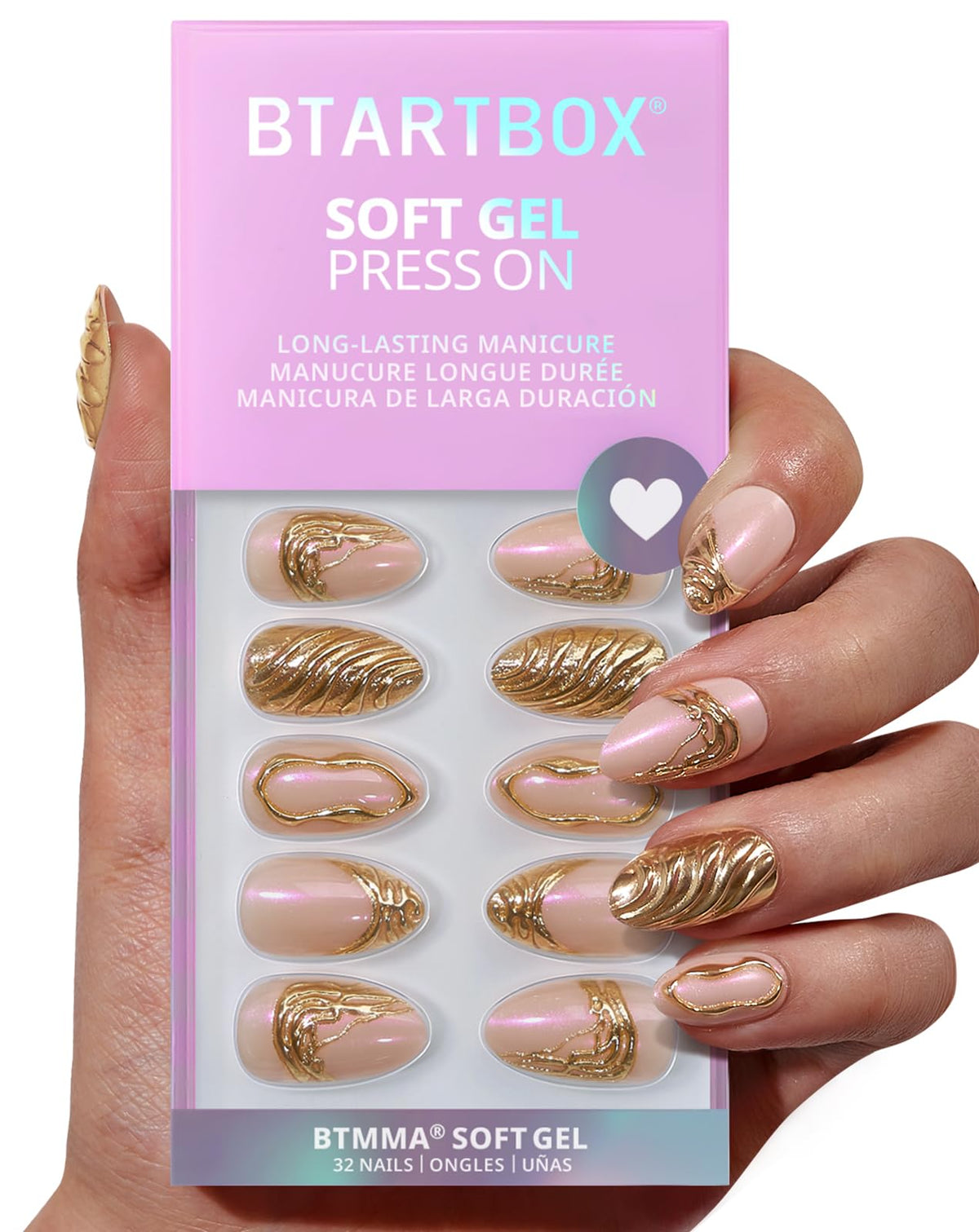 BTArtbox short 3D gold almond press-on nails for an easy at-home manicure.