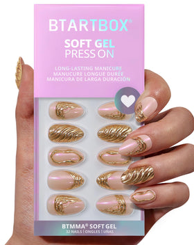BTArtbox short 3D gold almond press-on nails for an easy at-home manicure.