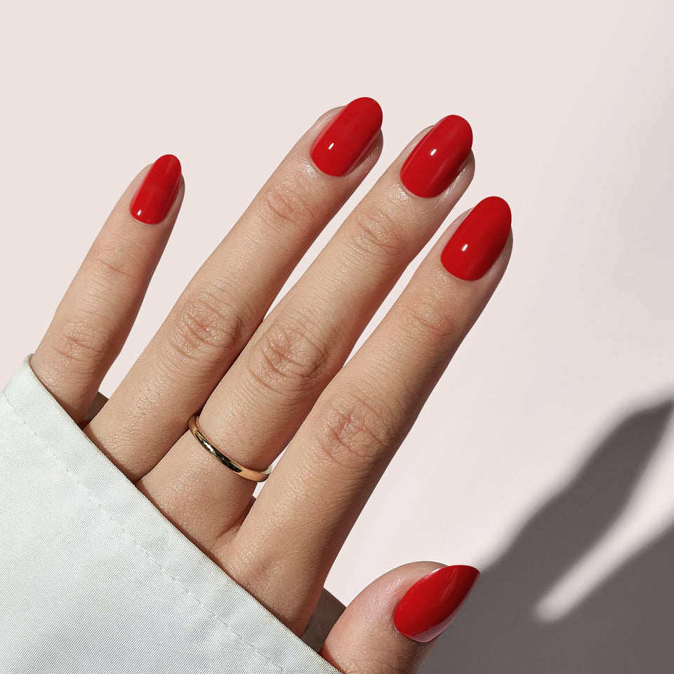 BTArtbox short oval red press-on nails in Mulled Wine with gel finish for a salon look.