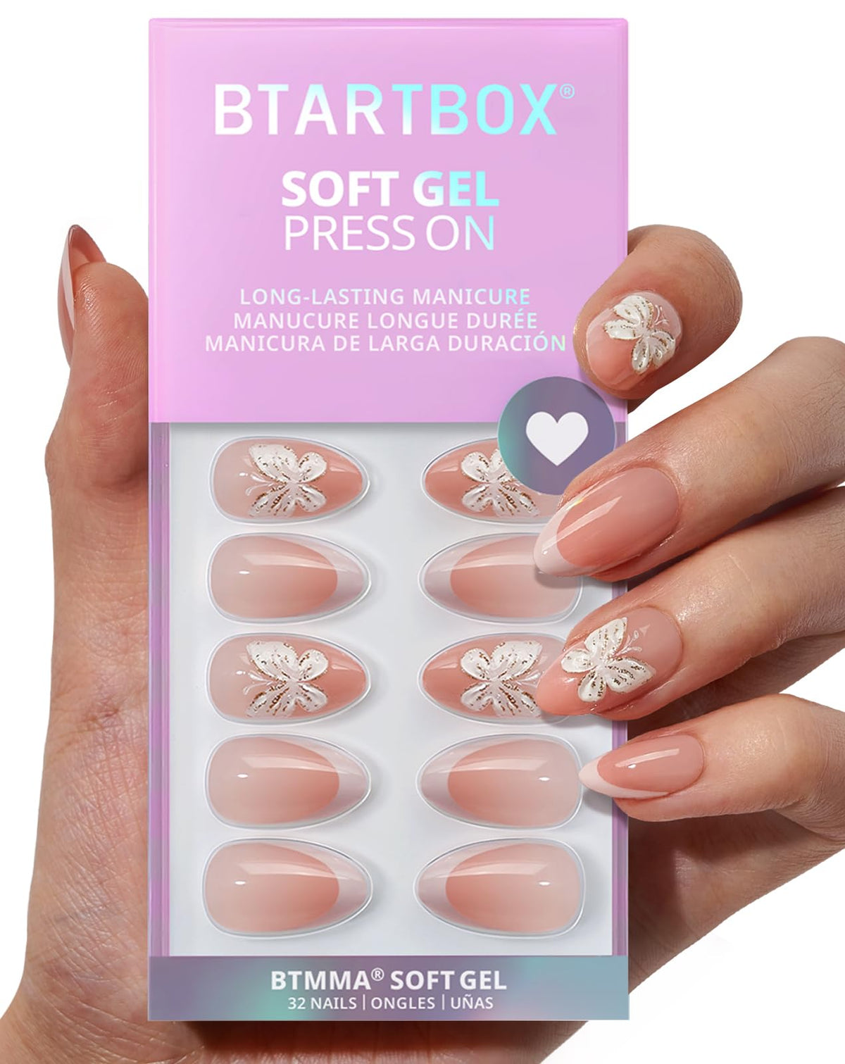 BTArtbox short press-on nails with 3D butterfly French tip for stylish at-home manicure