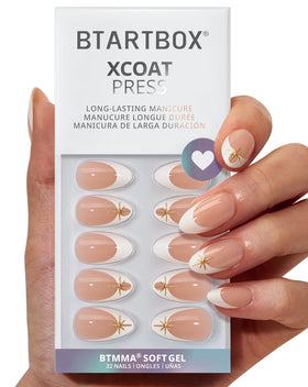 BTArtbox Starlight Frost nails with 3D gold tips for a chic at-home manicure.