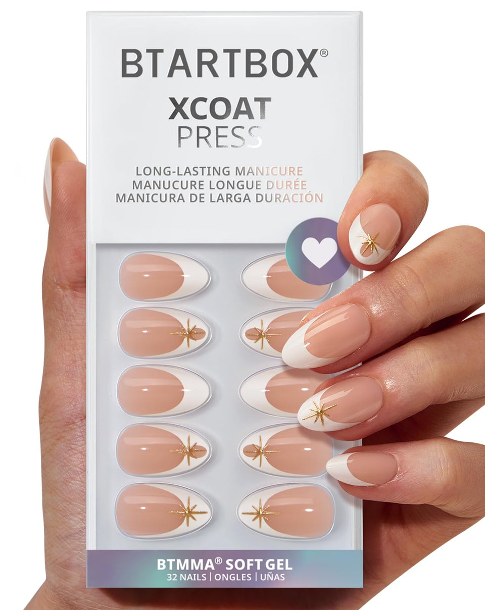 BTArtbox Starlight Frost nails with 3D gold tips for a chic at-home manicure.