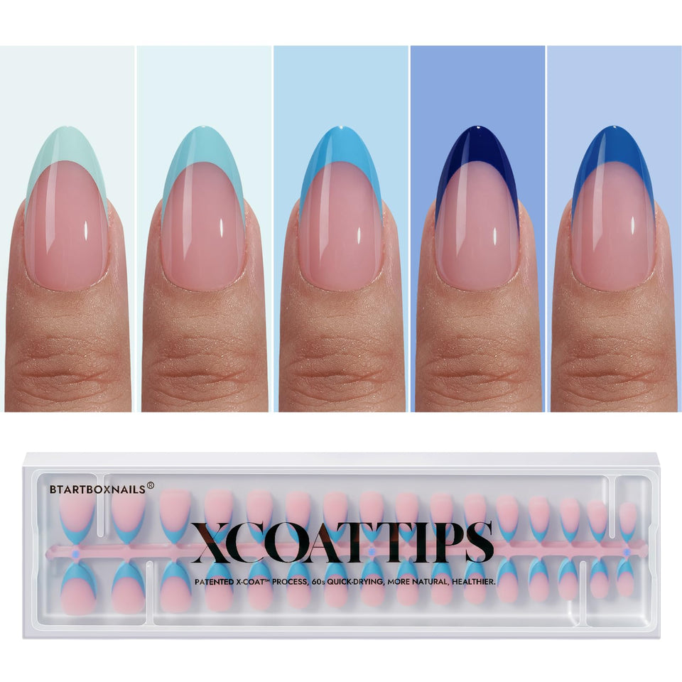 BTArtboxNails blue French tip press-on almond nails for quick salon-like wear