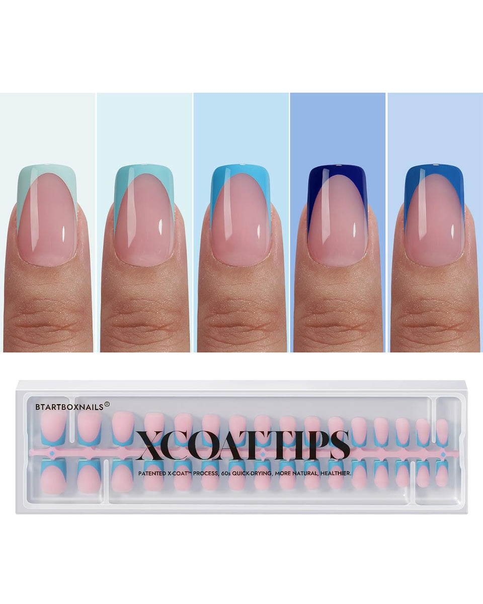 BTArtboxnails blue French tip press-on set for quick at-home manicures