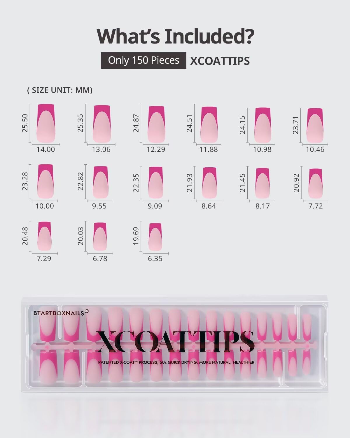 BTArtboxnails XCOATTIPS 15 sizes ensures precise fit for most nails.
