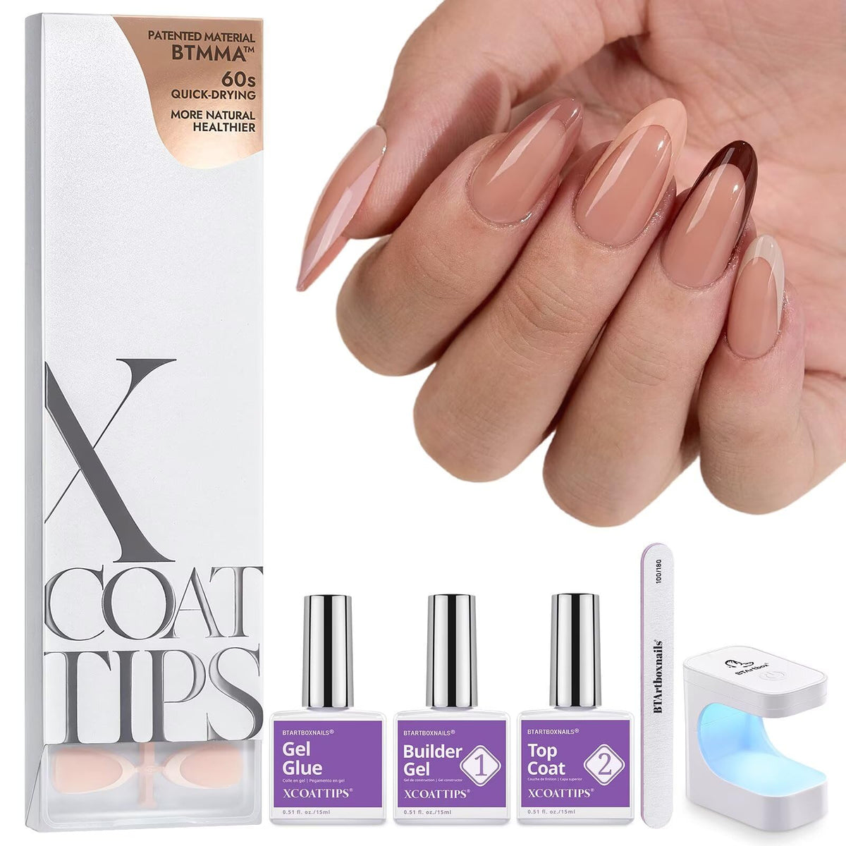 BTArtboxnails XCOATTIPS almond press-on nails for a DIY French manicure with durable finish