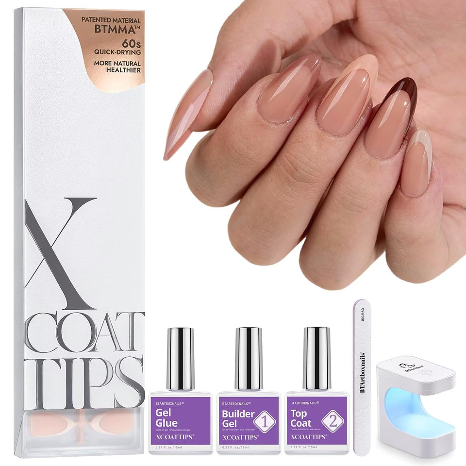 BTArtboxnails XCOATTIPS almond press-on nails for a DIY French manicure with durable finish