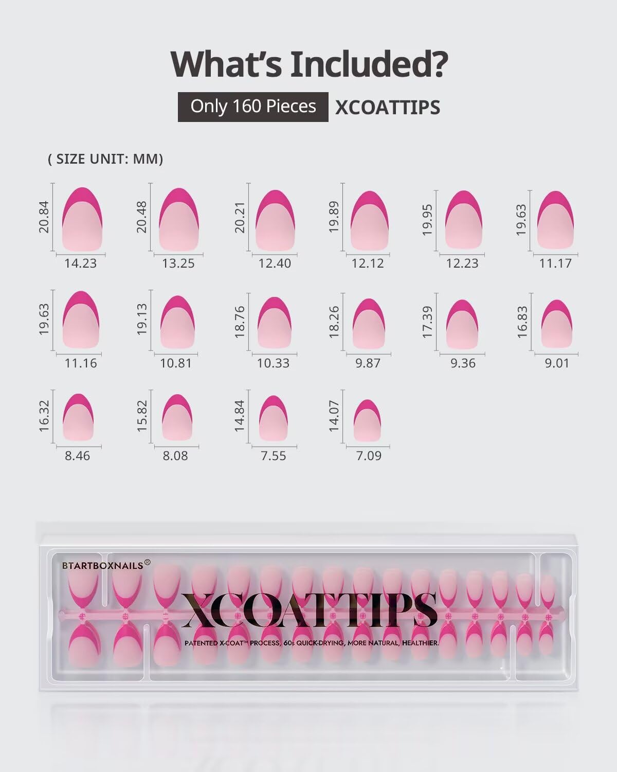 BTArtboxnails XCOATTIPS almond-shaped tips for flat or curved nails.