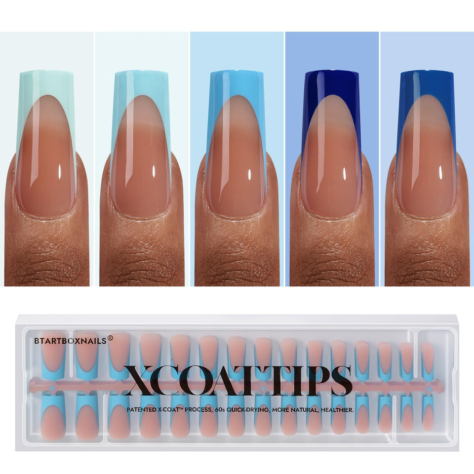 BTArtboxnails XCOATTIPS blue French tip press-ons in long square shape for at-home manicures.