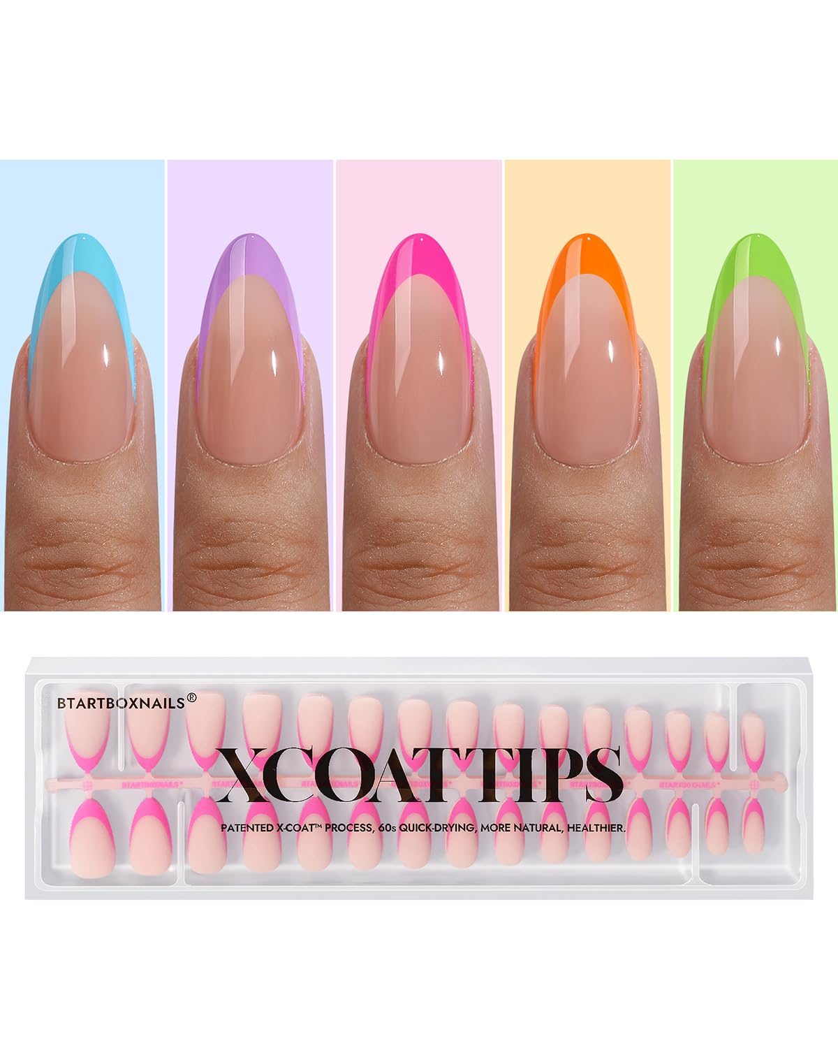 BTArtboxNails XCOATTIPS brighter pastel French tips close-up for chic at-home manicure.