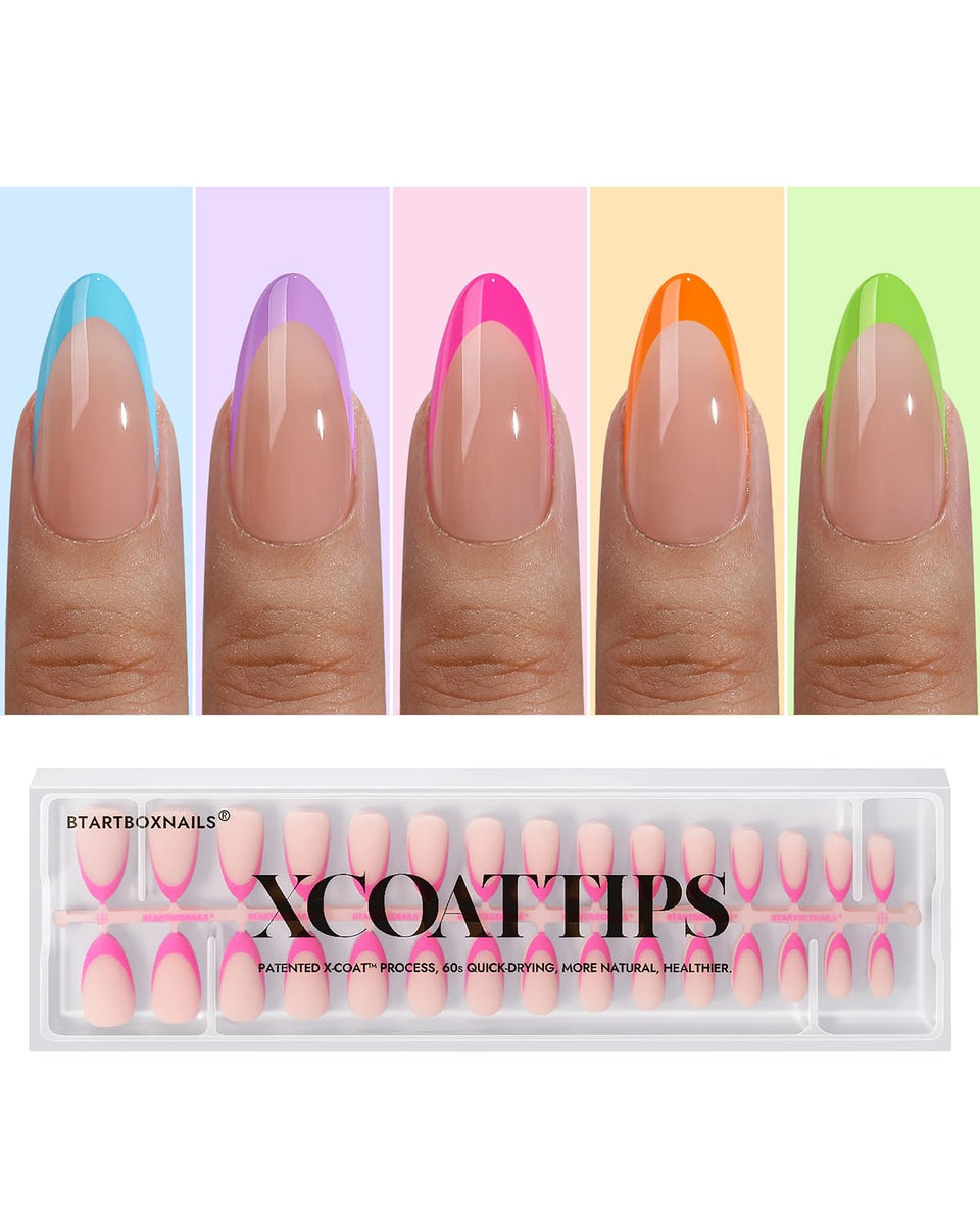 BTArtboxNails XCOATTIPS brighter pastel French tips close-up for chic at-home manicure.