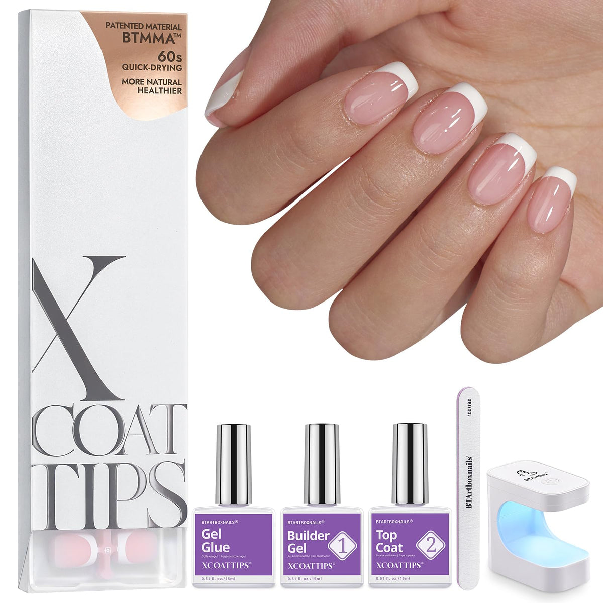 BTArtboxnails XCOATTIPS French nails set for a DIY manicure with neutral tones.