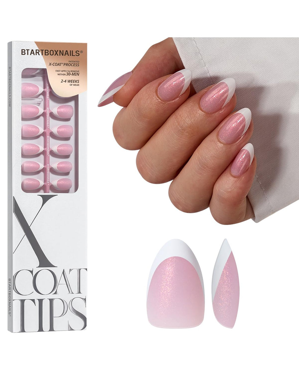 BTArtboxNails XCOATTIPS pink glitter French tips in short almond shape for classic mani.