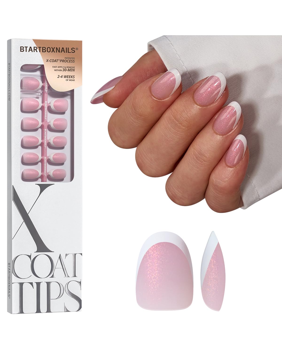 BTArtboxnails XCOATTIPS French Tip pink glitter base for classic at-home manicure.