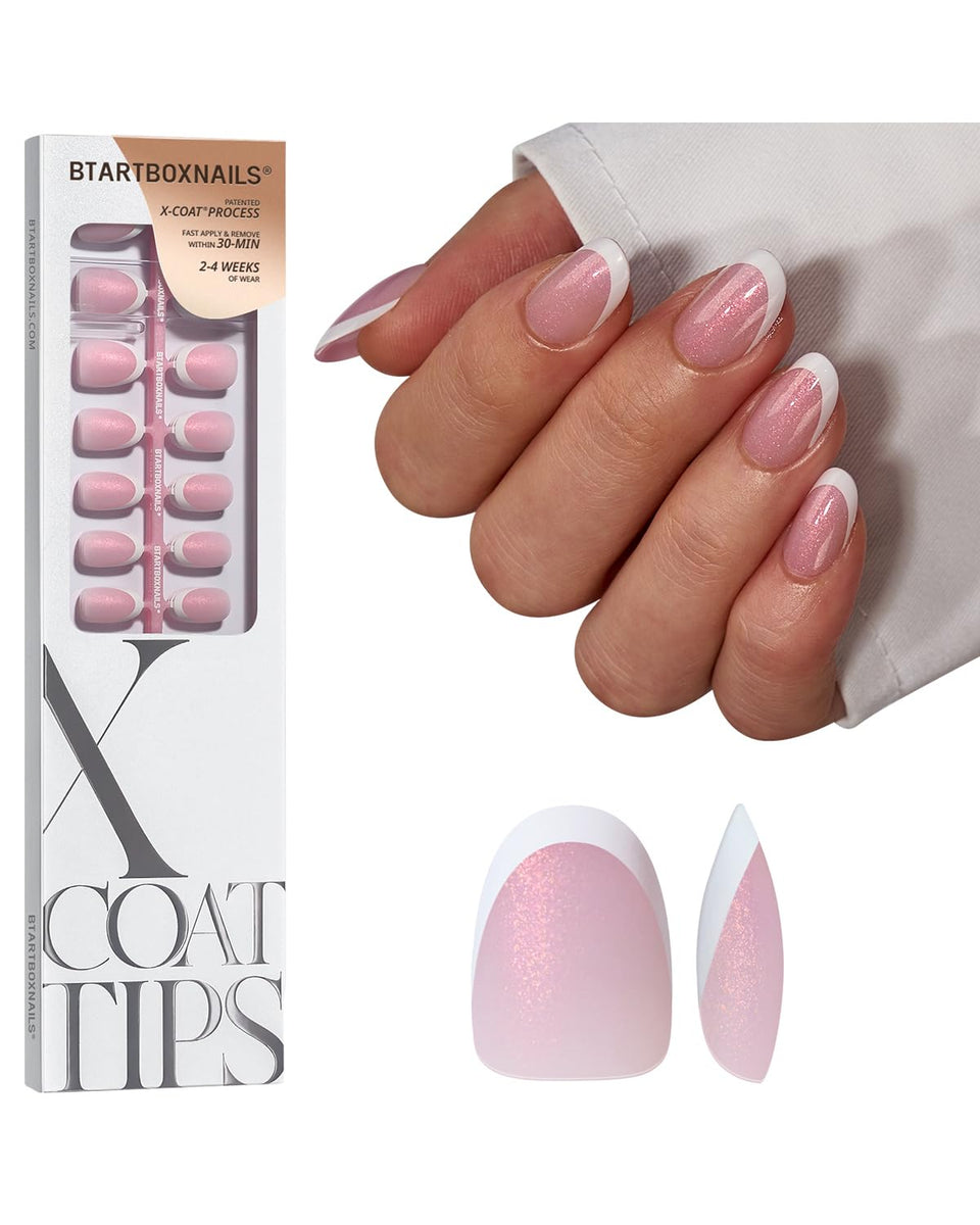 BTArtboxnails XCOATTIPS French Tip pink glitter base for classic at-home manicure.