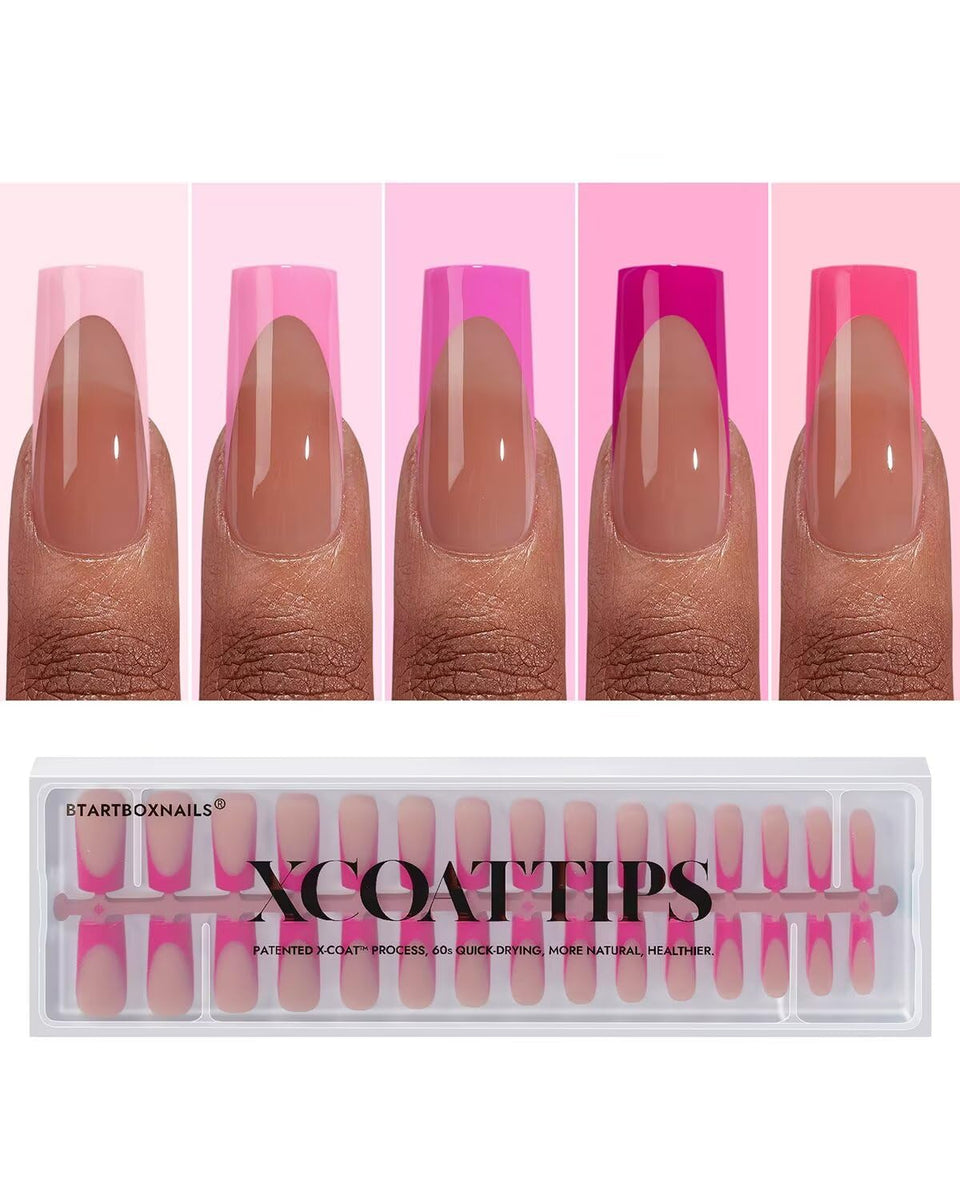 BTArtboxnails XCOATTIPS pink French tip long square nails for quick at-home manicure.