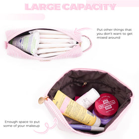 Btffitting larger and smaller bags for makeup storage on the go