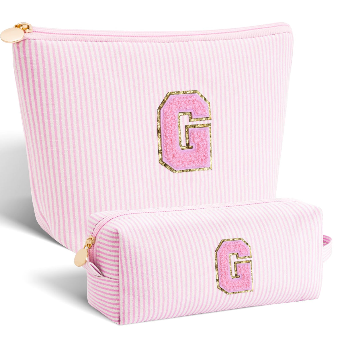 Btffitting personalized makeup bag front view in pink canvas for travel organization.