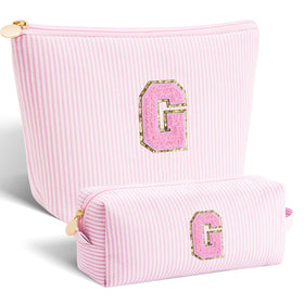 Btffitting personalized makeup bag front view in pink canvas for travel organization.