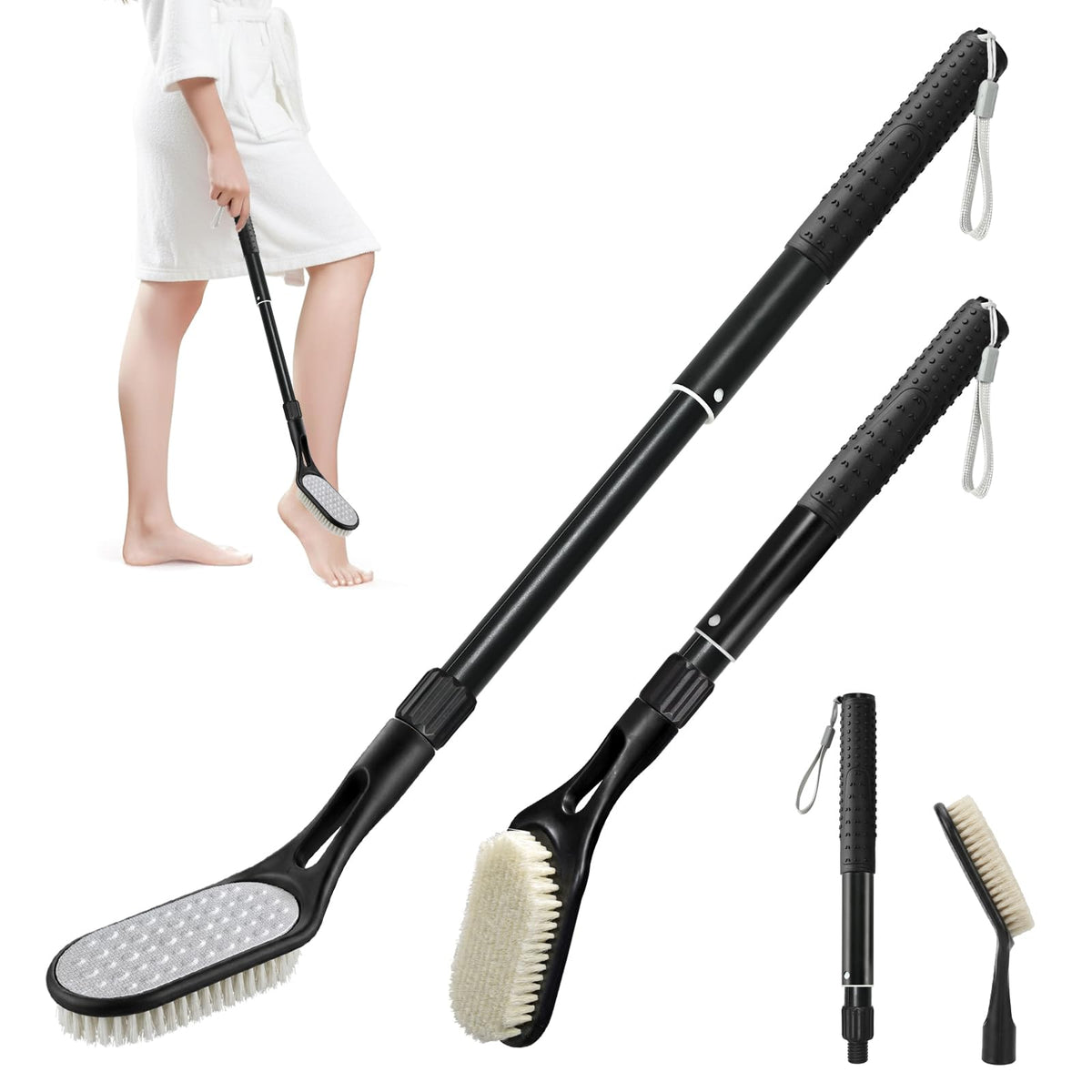 BTideas long-handle foot scrubber with 26-inch reach for easy shower cleaning.