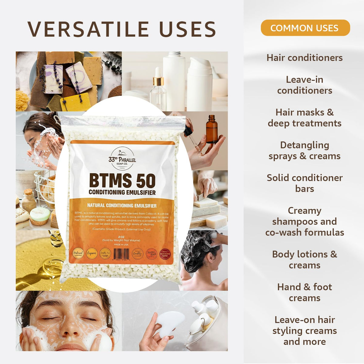 BTMS50 emulsifier powder visible, ideal for creamy hair and skin formulations.
