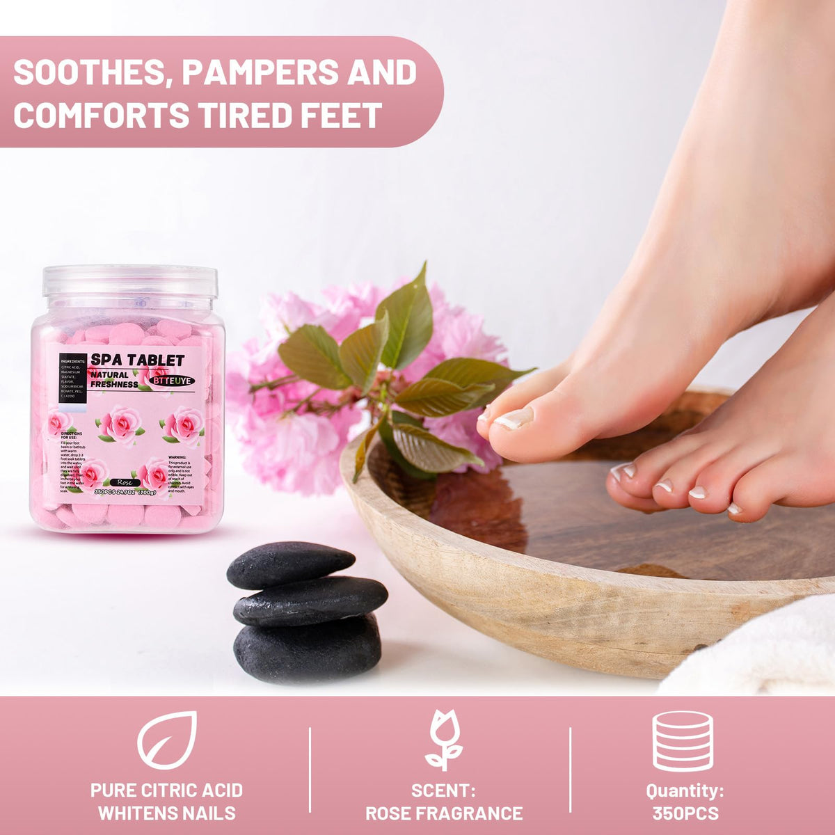 BTTEUYE rose fragrance foot soak enhances an at-home pedicure experience.