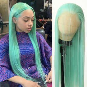 BTWTRY mint green lace front wig with realistic hairline for daily wear.