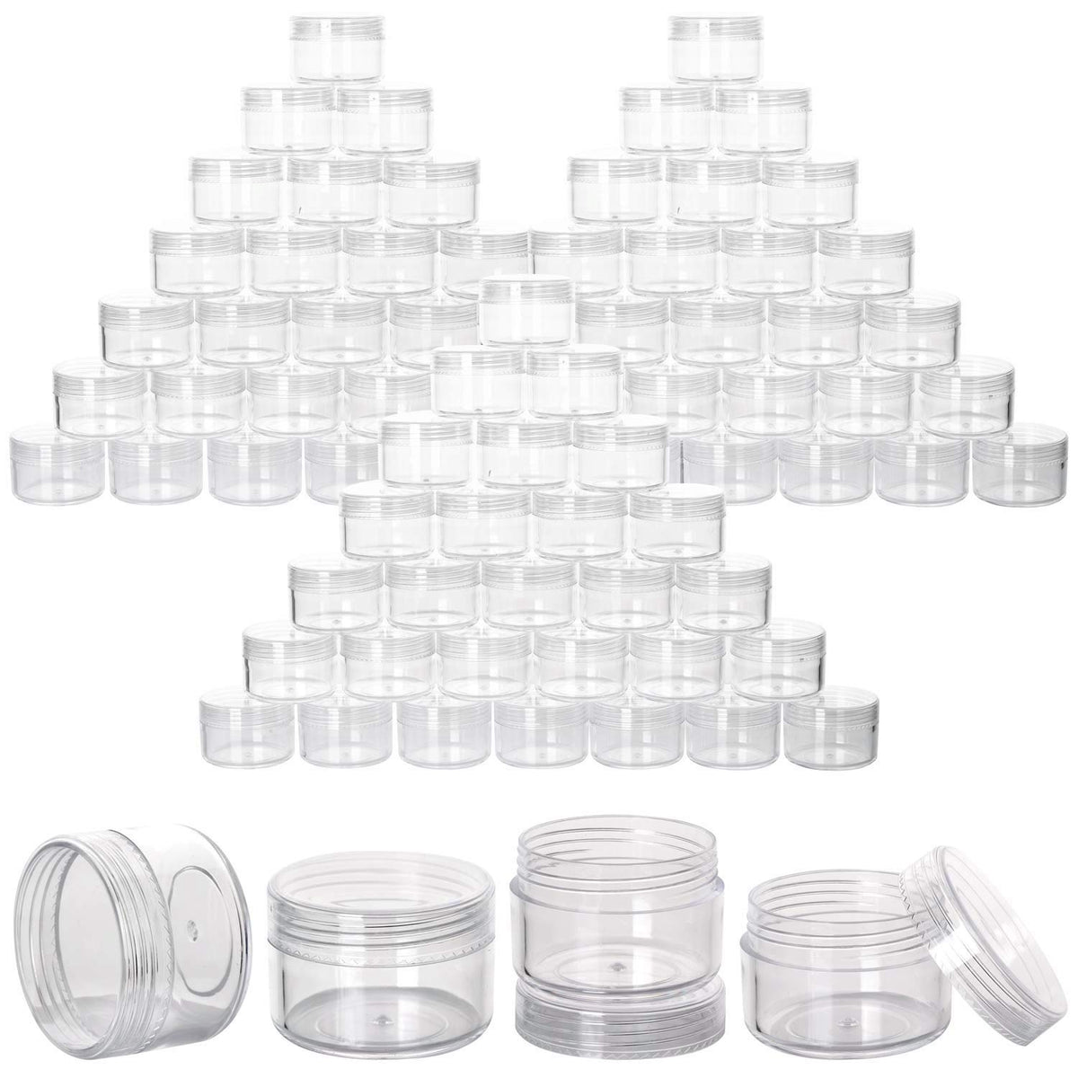 BTYMS 100-count refillable 15g clear jars, ideal for travel and compact storage.